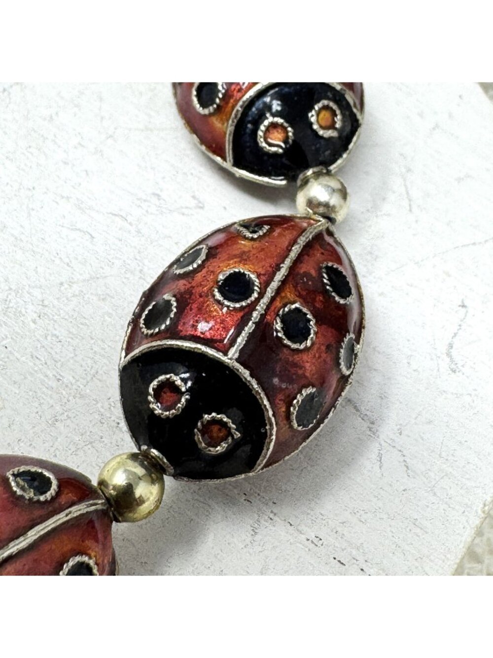 Vintage Cloisonne Ladybug Beads Artisan Craft Jewelry Making Metalwork Jumbo